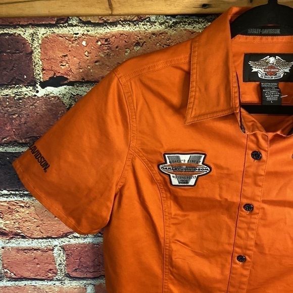 Harley Davidson Orange Women’s Short Sleeve Button Up Shirt with Logos Size M/L - Picture 8 of 15